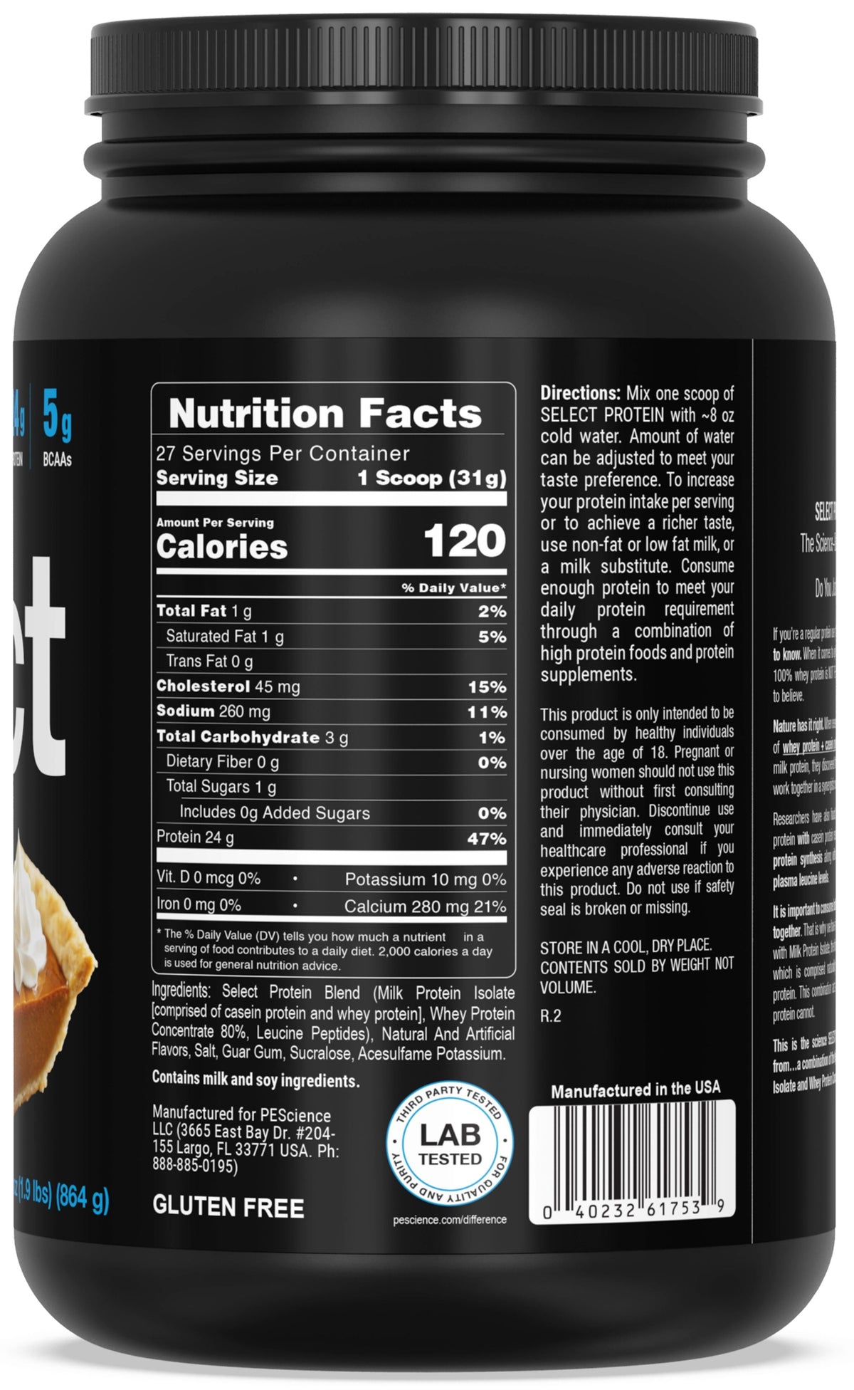 Black container of protein powder with nutrition facts label for PEScience Select Protein Pumpkin Pie Flavor