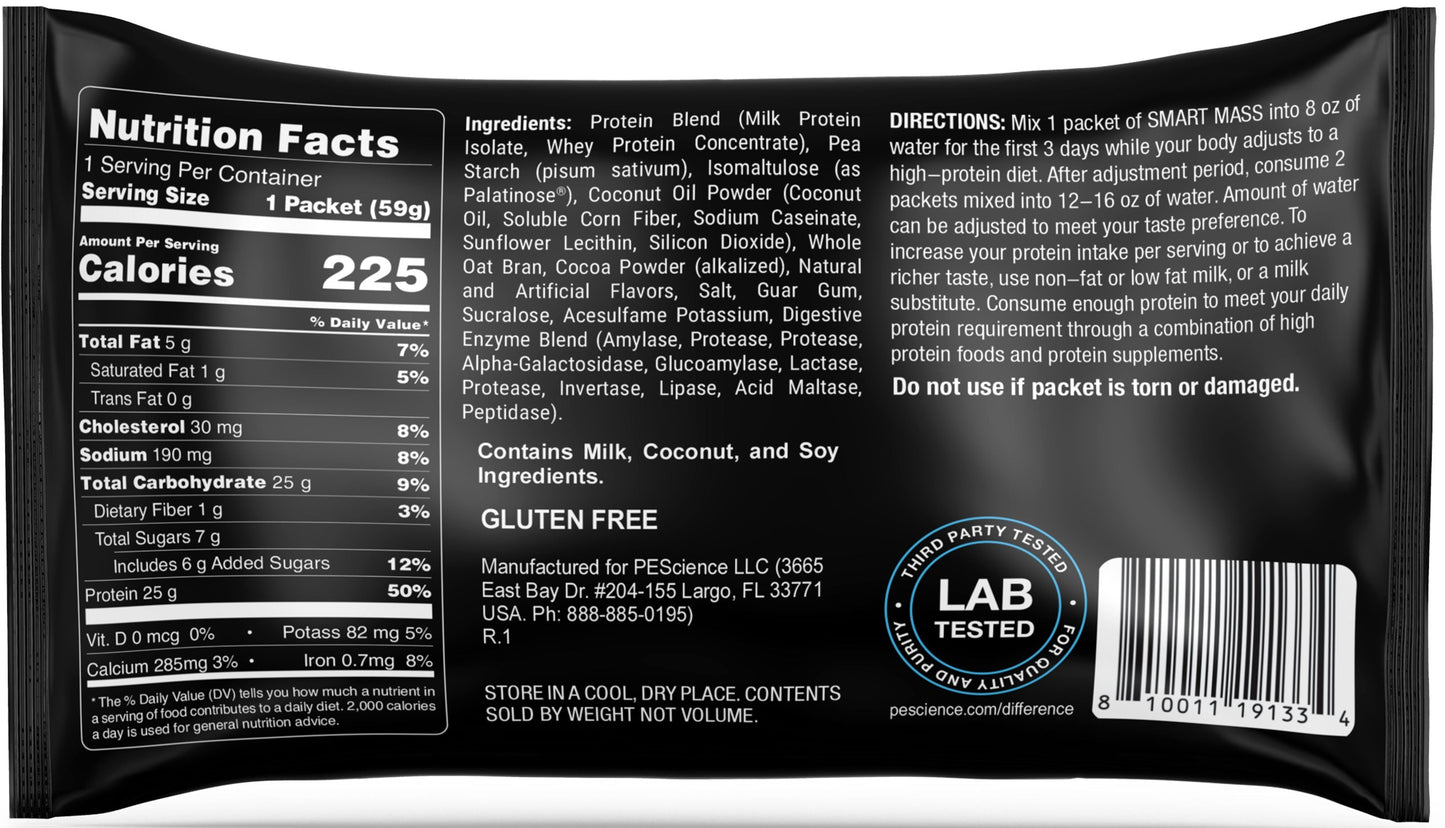 Nutrition facts label and ingredients list on a protein powder package.