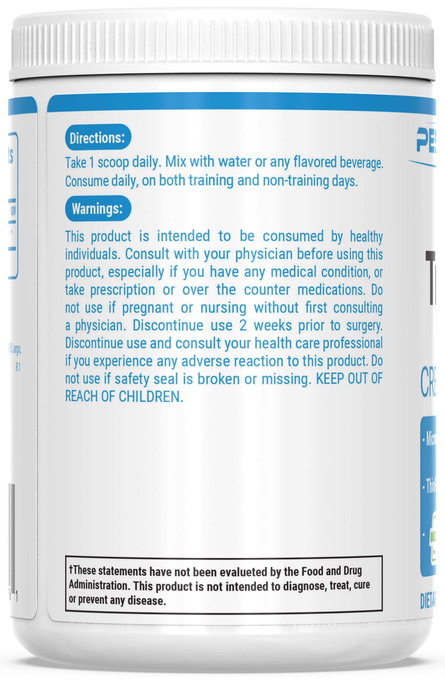 Supplement container with label on a white background for PEScience TruCreatine Basic Version