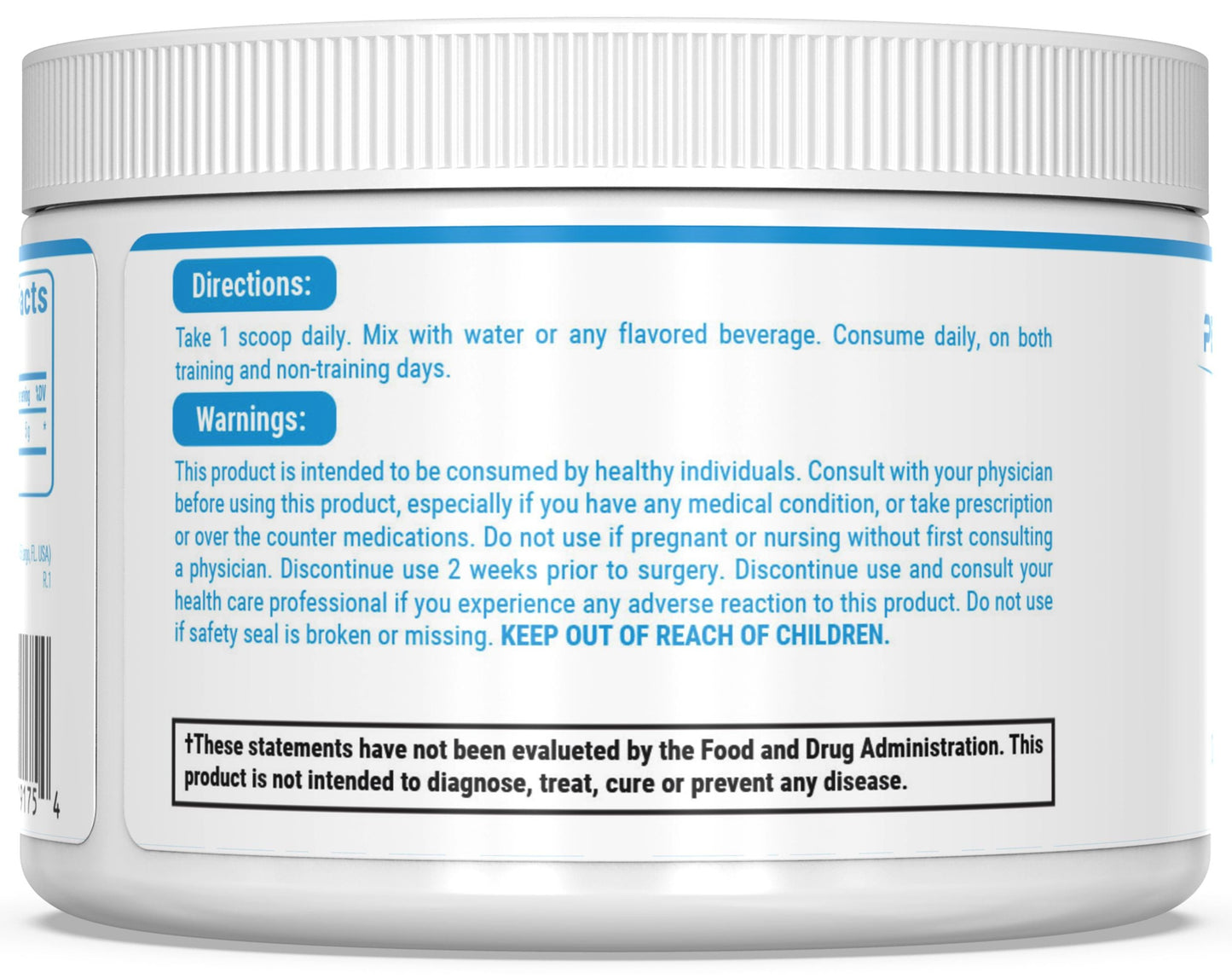 Supplement container with label showing directions and warnings for PEScience TruCreatine Basic Version