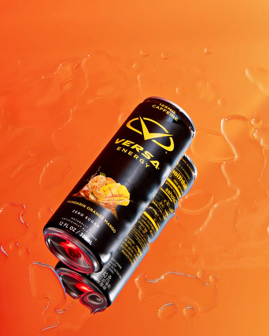 Versa Energy drink can on an orange background