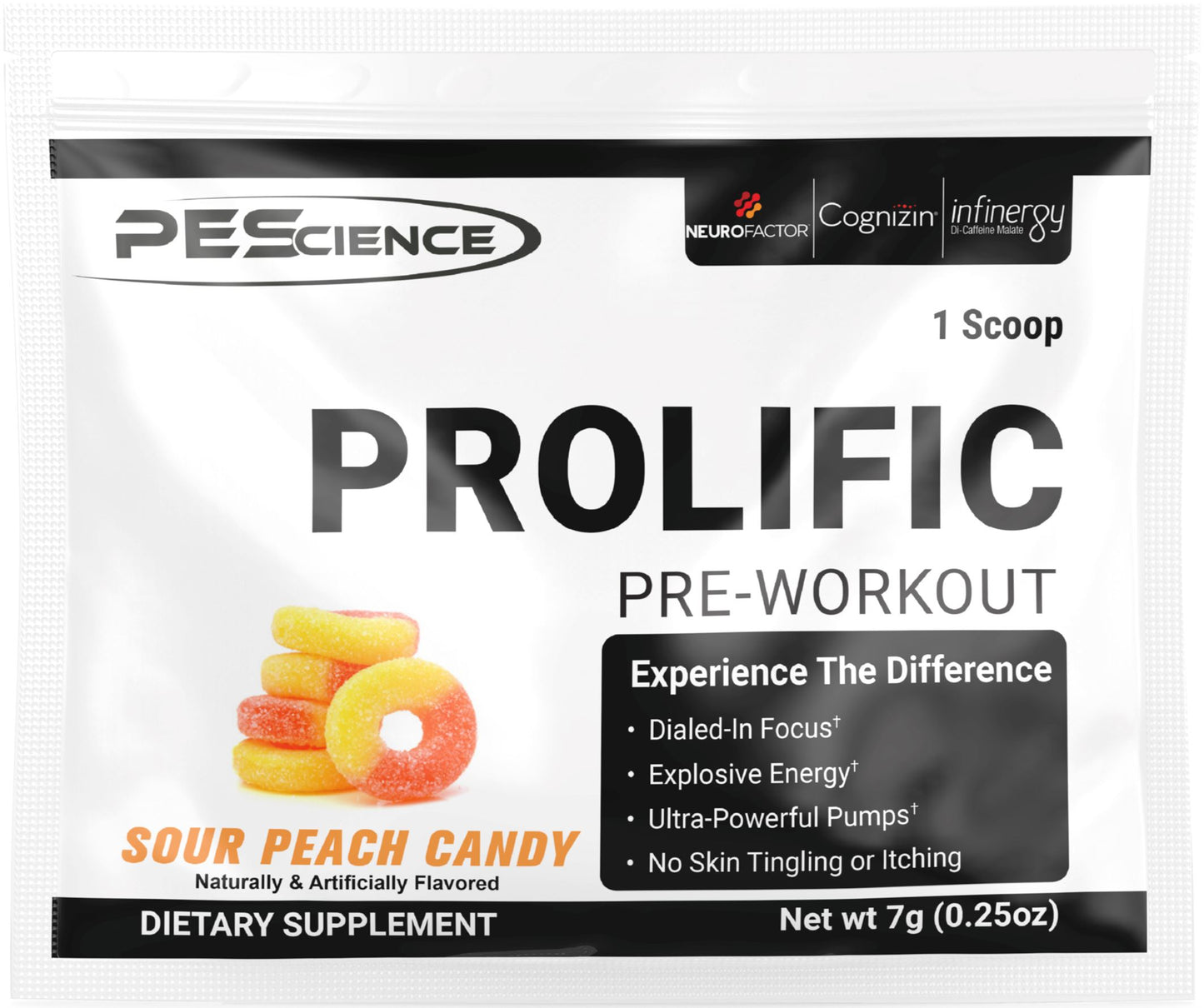 PEScience Prolific Pre-Workout Sour Peach Candy 1 Sample