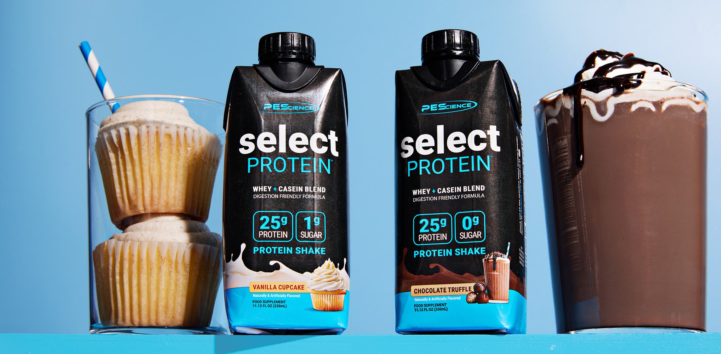 Two packages of Select Protein shakes with a vanilla cupcake and chocolate truffle flavor on a blue background.