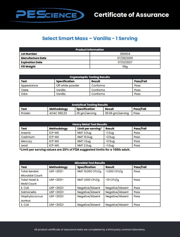 PEScience Certificate of Assurance for Select Smart Mass Vanilla, showing test results and compliance details.