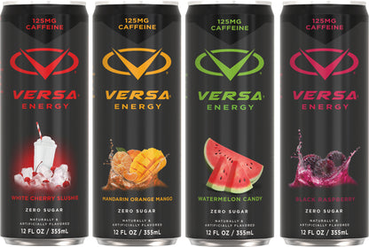Four Versa Energy drink cans with different flavors and colors.