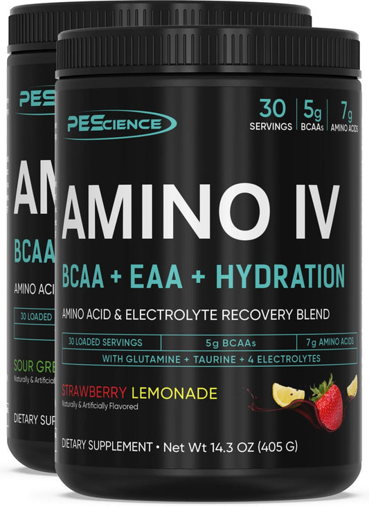 Two black plastic tubs of PEScience Amino IV dietary supplement, with the front tub prominently displayed and two additional tubs partially visible behind it on a plain white background.
