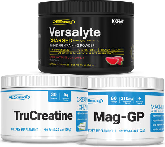 Three supplement containers from PEScience on a white background called the KK FIT Stack