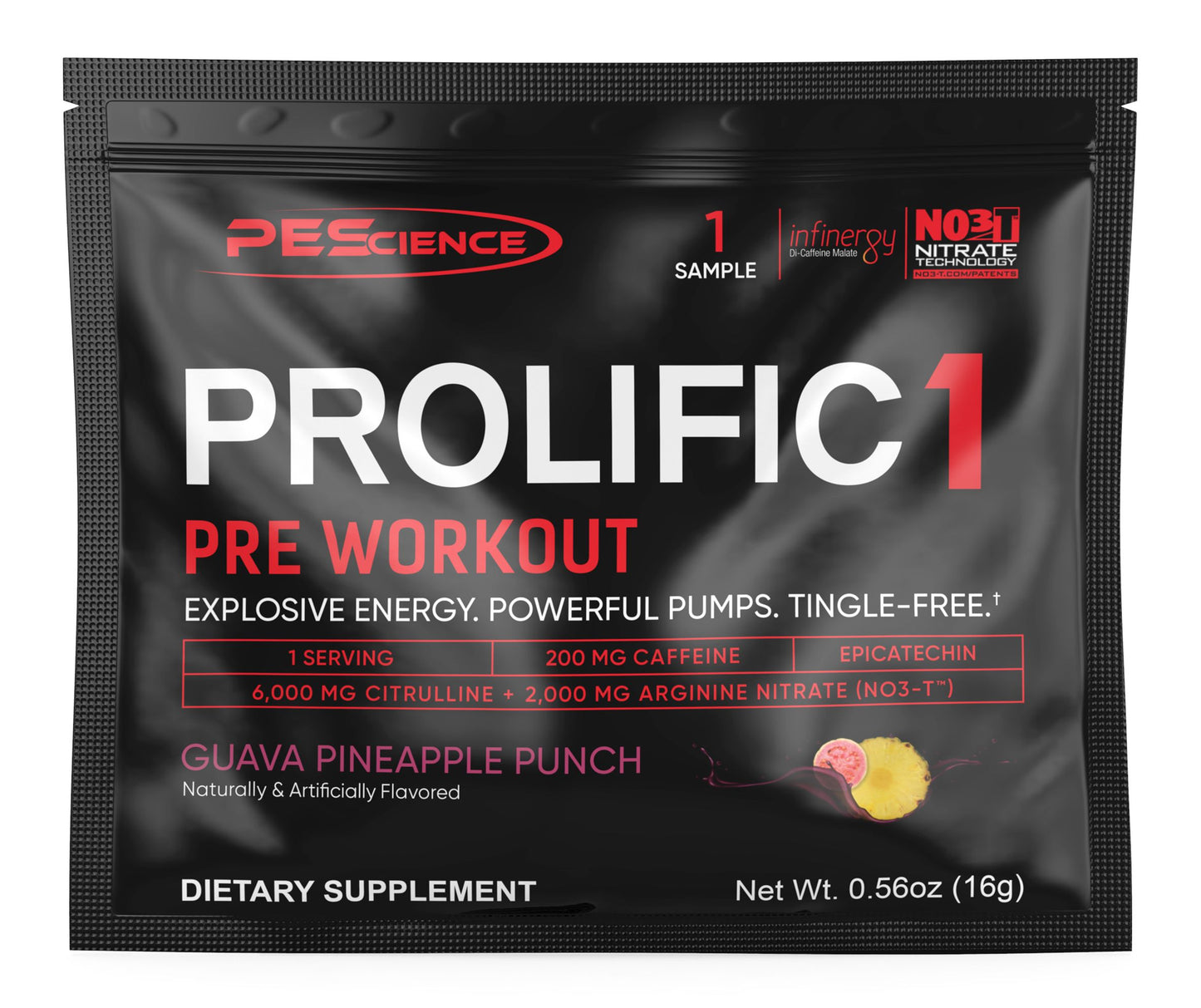 PEScience Prolific 1 pre-workout supplement package on a white background