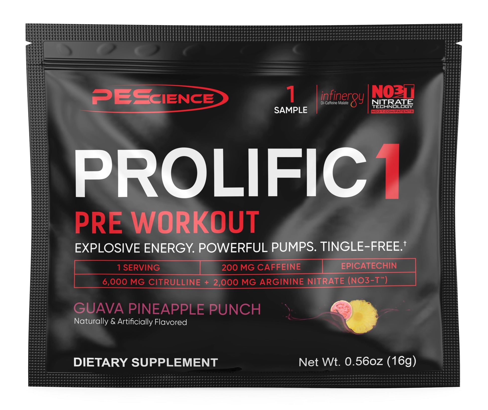 PEScience Prolific 1 pre-workout supplement package on a white background