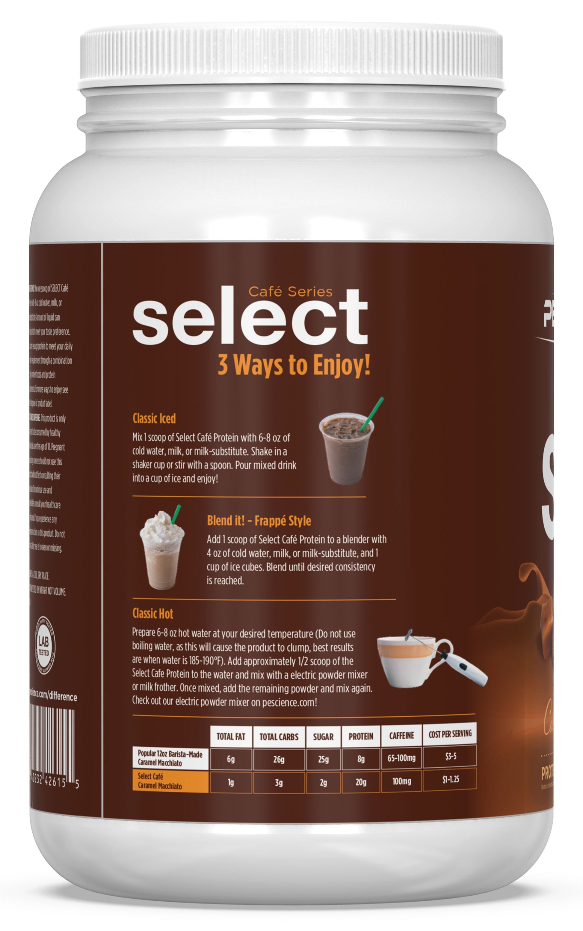 Protein powder container with 'select' branding on a white background
