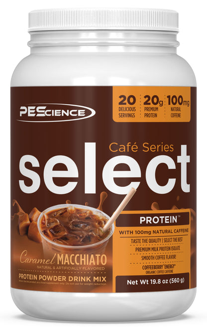PEScience Cafe Series Select Protein Powder container with caramel macchiato flavor on a white background
