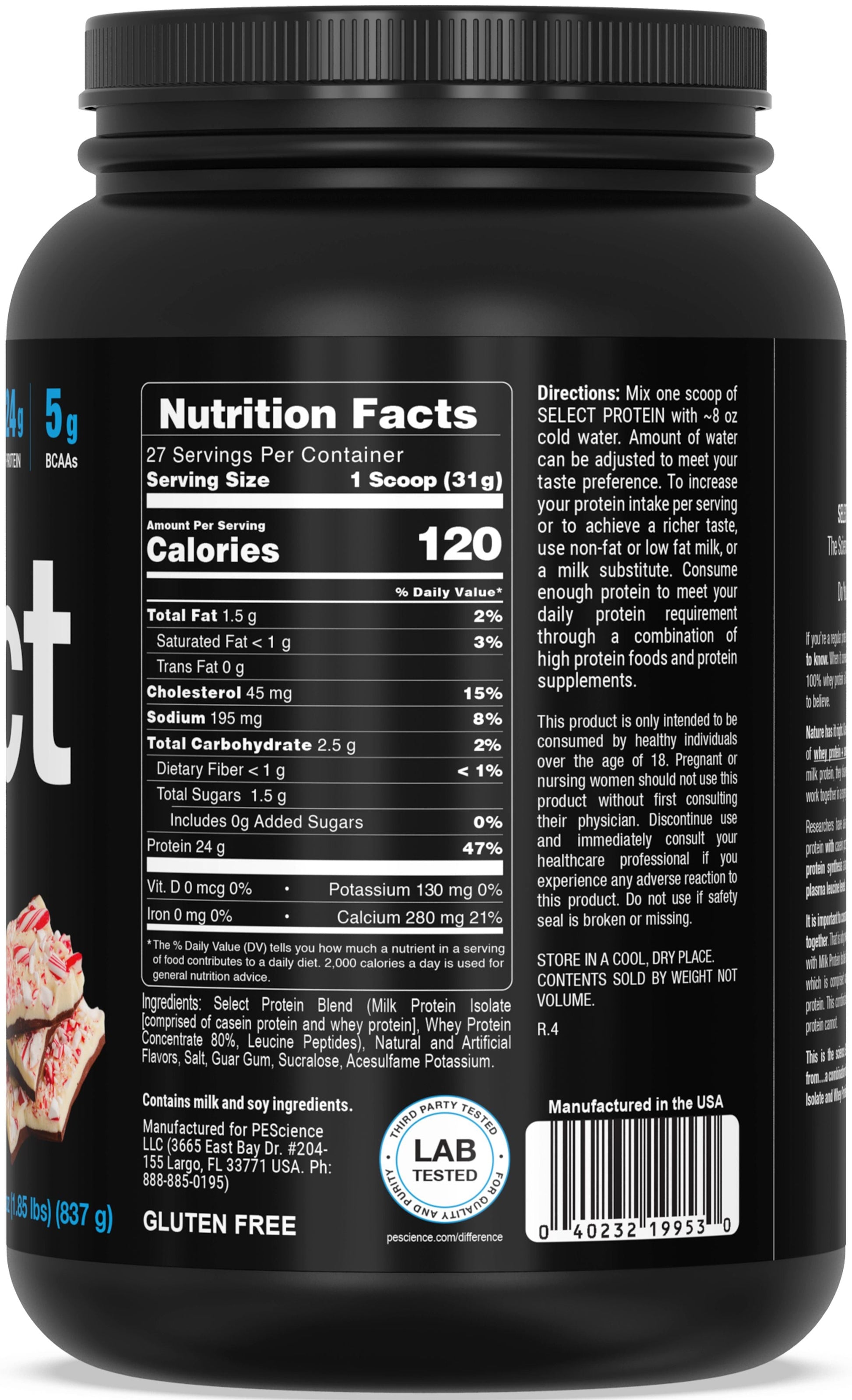 Black protein powder container with nutrition facts label on a white background
