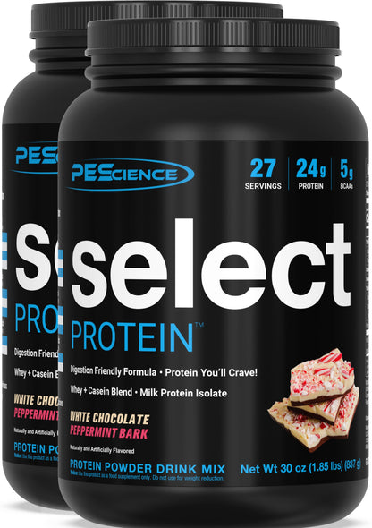 Two containers of Pescience Select Protein Powder Drink Mix on a white background