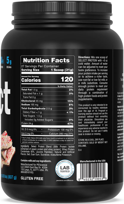 Black protein powder container with nutrition facts label on a white background
