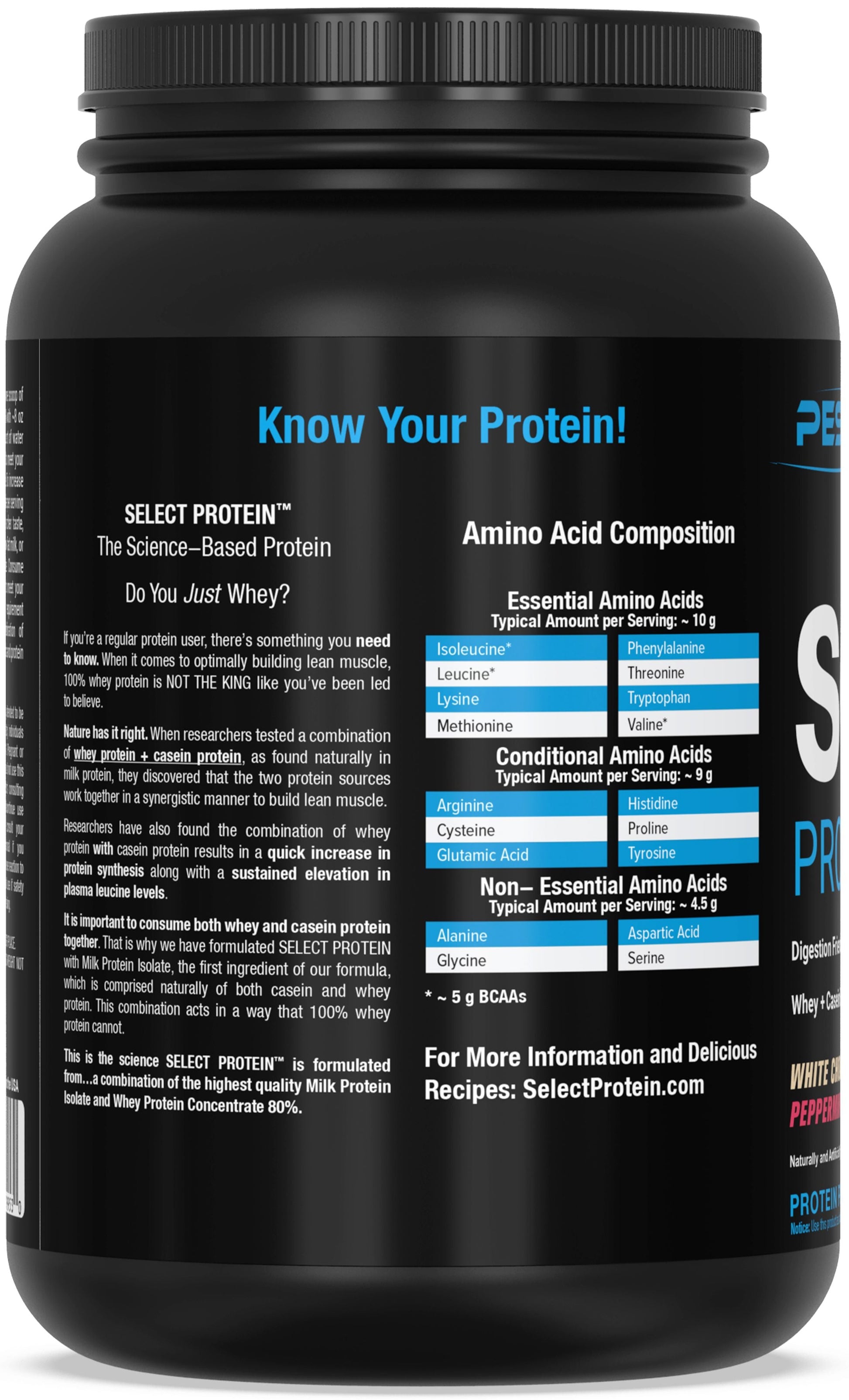 Black protein powder container with nutritional information on a white background