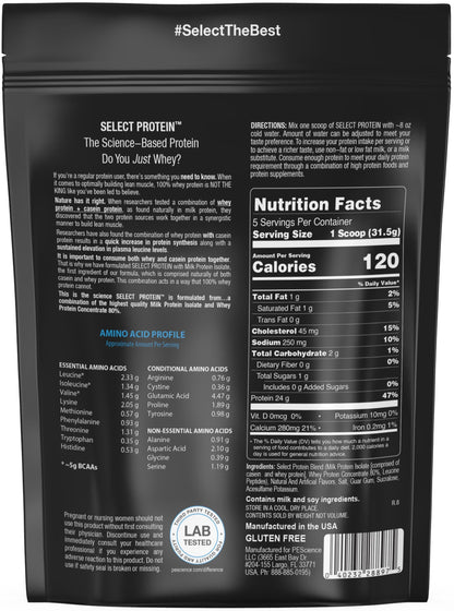 Back view of a Select Protein packaging with nutrition facts and other details.