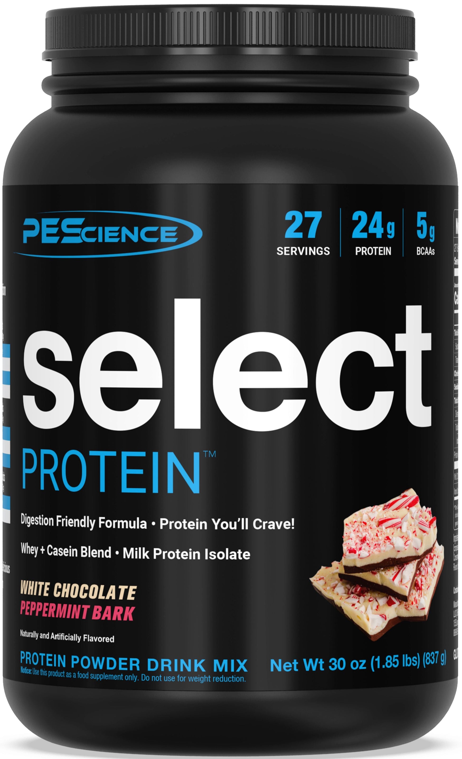 Black container of PEScience Select Protein with white and blue text