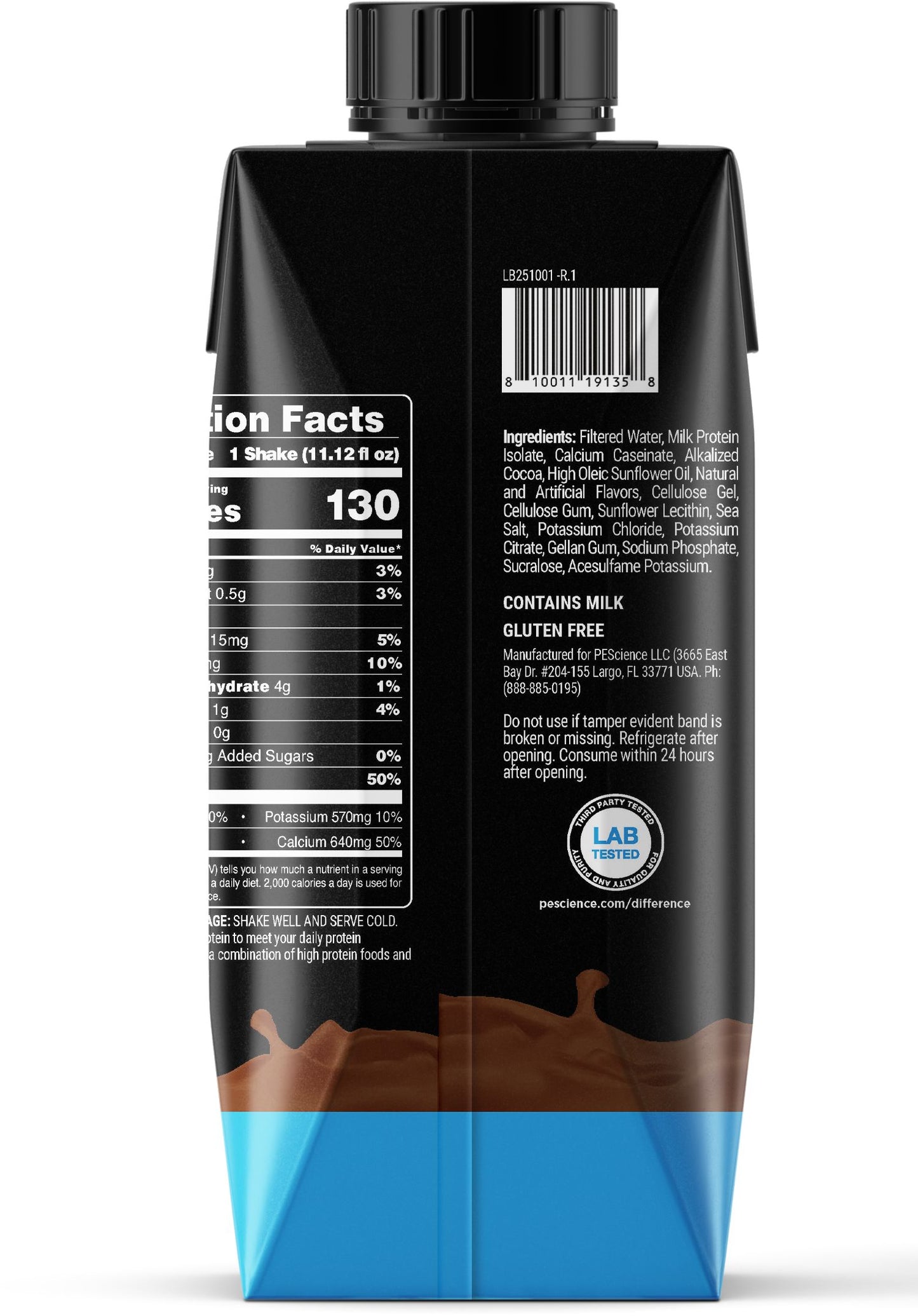 Chocolate protein shake container with nutrition facts label on a white background