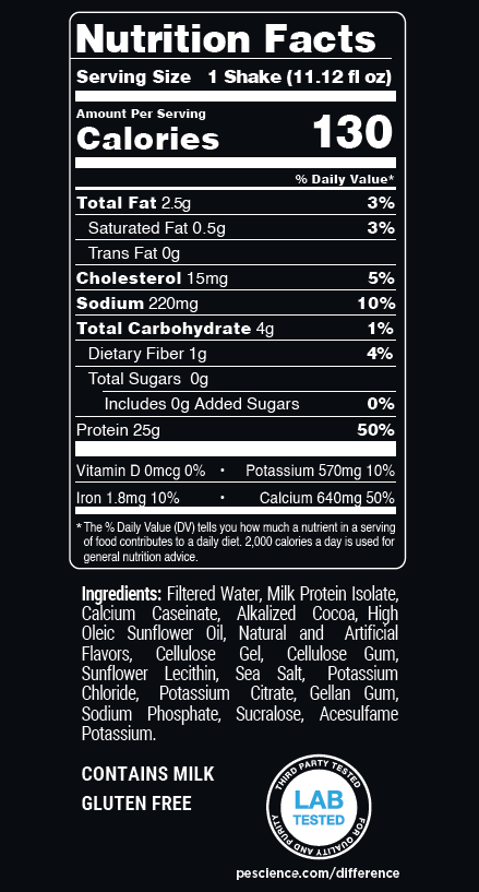 Nutrition facts label for a shake on a black background for Select Protein Shake