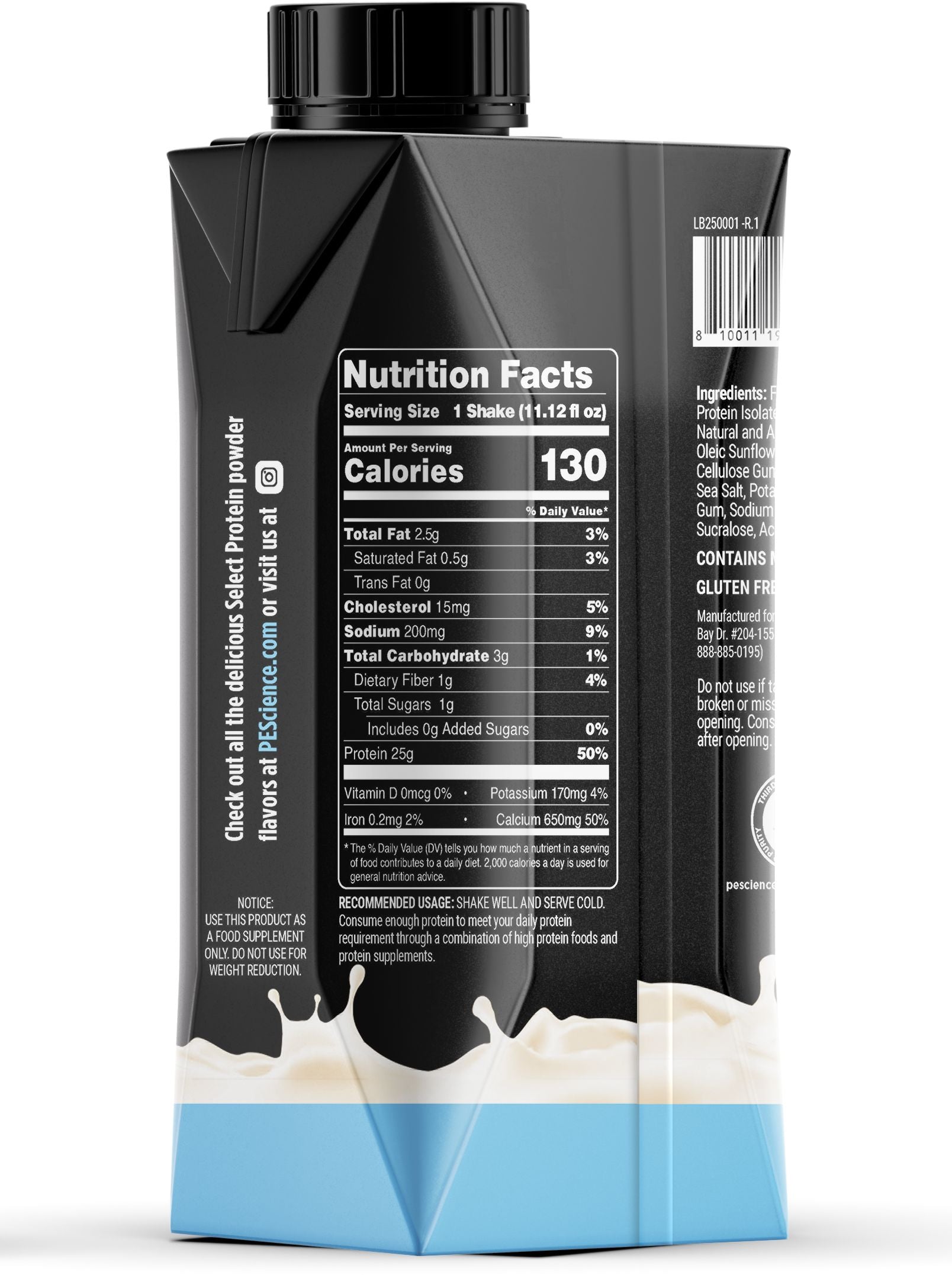 Protein powder packaging with nutrition facts label on a white background