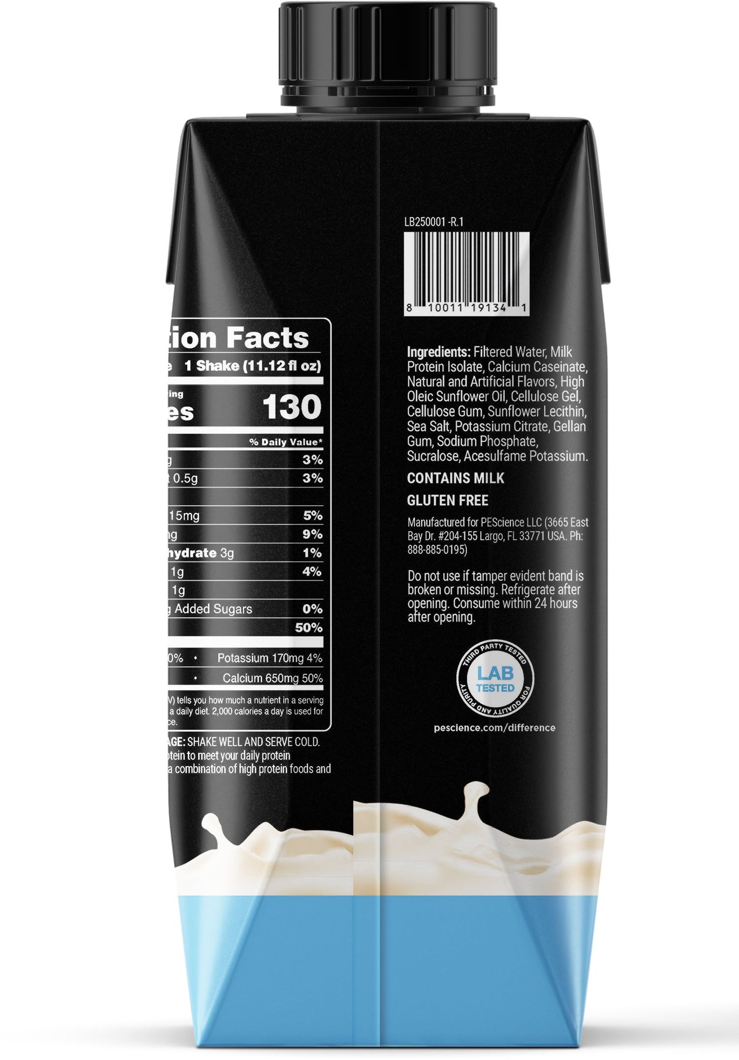 Black and blue carton of milk with nutrition facts label on a white background