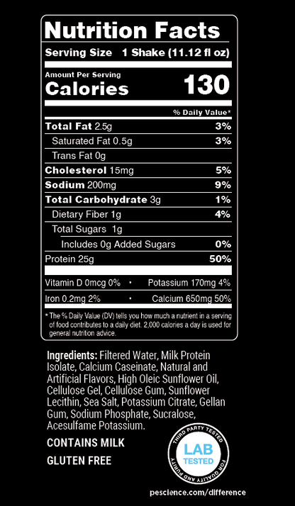 Nutrition facts label for a shake on a black background for Select Protein Shake