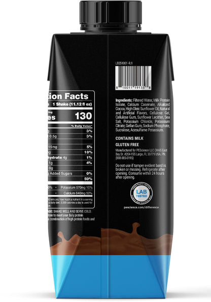 Chocolate protein shake container with nutrition facts label on a white background