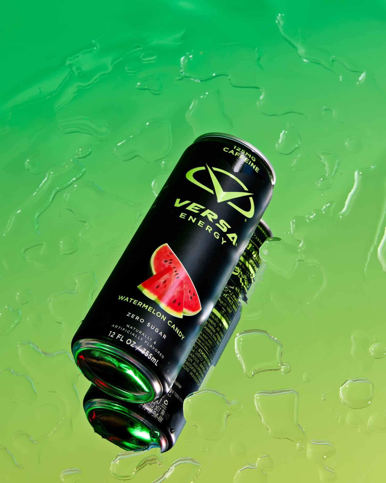 Versa Energy watermelon flavor energy drink can on a green background